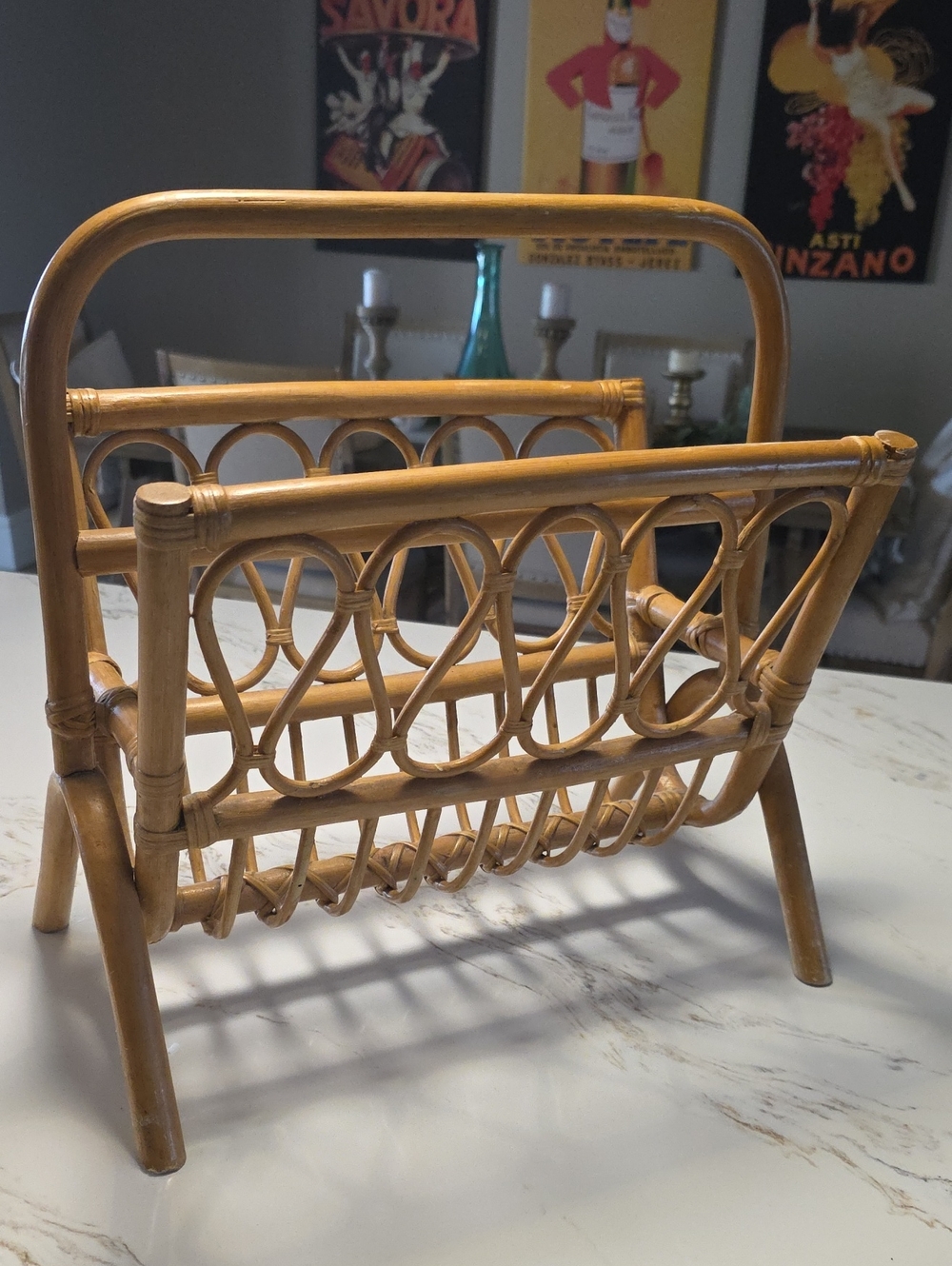 Vintage MCM Deco Natural Rattan Magazine Rack - Light Brown